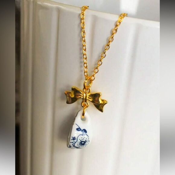 Gold and Blue Bow Pendant Necklace S926 - Picture 2 of 5